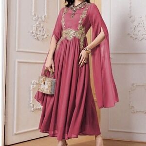SHEIN Najma Dusty Rose Chiffon Maxi Dress Gold Embroidery Split Cape Sleeves S
